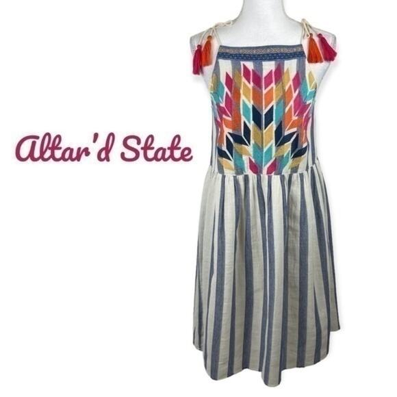 Altar’d State‎ Embroidered Blue & White Striped 100% Cotton Dress NWOT Size S - Picture 2 of 11